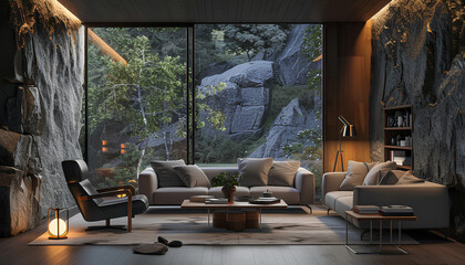 Interior of living room with cozy grey sofa, armchair and glowing lamps