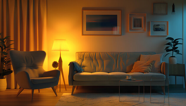 Interior of living room with cozy grey sofa, armchair and glowing lamps