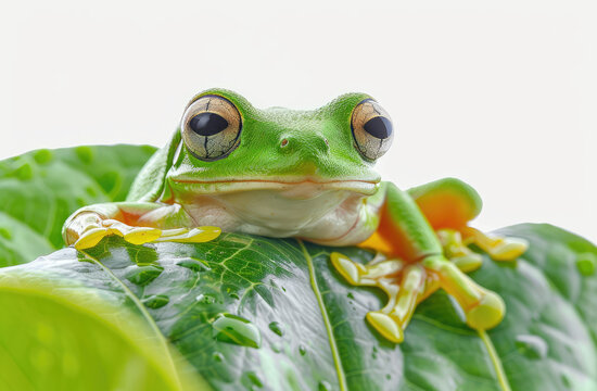 Photo of a green tree frog peeking out from behind a leaf, its eyes wide open and focused on something in front of it