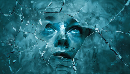 Depict a terrified face reflected in a broken mirror, symbolizing fear of self and inner turmoil wide