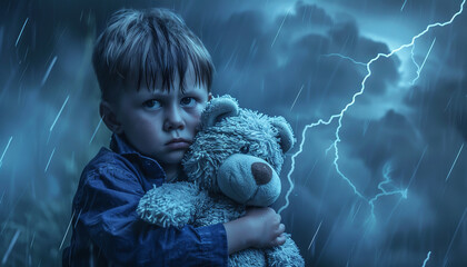 frightened boy holding a teddy bear during a thunderstorm