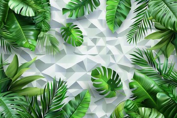 Lush Green Tropical Leaves on White Geometric 3D Tiled Wall, Botanical Texture Background, Digital Illustration