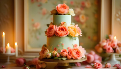 A close-up of a cake with pastel-colored roses and bokeh lights in the background
