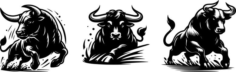 aggressive bull in dynamic stance threatening animal vector illustration silhouette laser cutting black and white shape