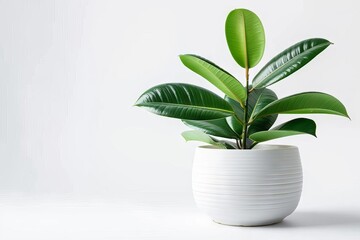 Lush, vibrant rubber plant with large, glossy leaves in a modern, white ceramic pot, isolated on white, studio photo