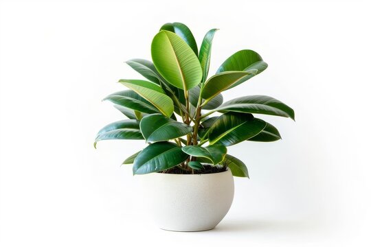Lush, vibrant rubber plant with large, glossy leaves in a modern, white ceramic pot, isolated on white, studio photo