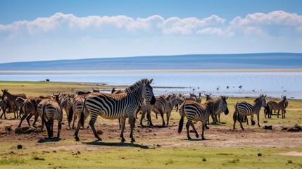 A herd of zebras are standing in a field near a body of water