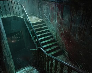 A decrepit staircase leading down to a dark unknown basement