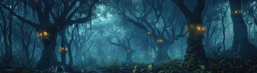 A dense forest at night with the trees appearing to close in and eyes glowing from the darkness - obrazy, fototapety, plakaty