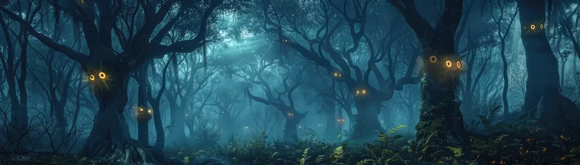 Poster A dense forest at night with the trees appearing to close in and eyes glowing from the darkness © AI Farm
