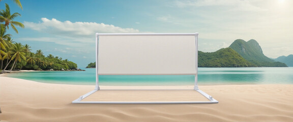 product display stand empty space for object advertising nature sand sea ocean freshness summer backdrop template concept,  colorful background - obrazy, fototapety, plakaty