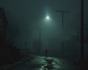 A shadowy figure standing at the end of a foggy deserted street at night - obrazy, fototapety, plakaty