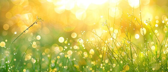 A soft-focus background of a dewy meadow at sunrise with a blurred green and golden palette