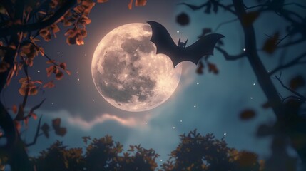 A bat silhouetted against a glowing full moon amidst twilight skies and autumn leaves.