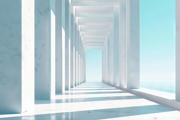 Minimalist architectural background with airy widescreen view of tilted white columns and light blue sky, digital painting