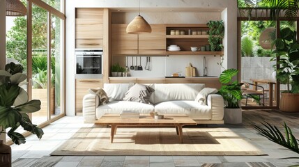 Bright and airy modern living room interior with a cozy white sofa, wooden furniture, and an abundance of lush greenery providing a natural touch.