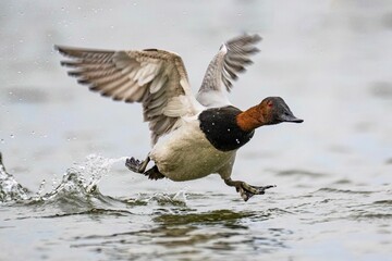 Canvasback duck gliding gracefully across a tranquil body of water, its wings outstretched