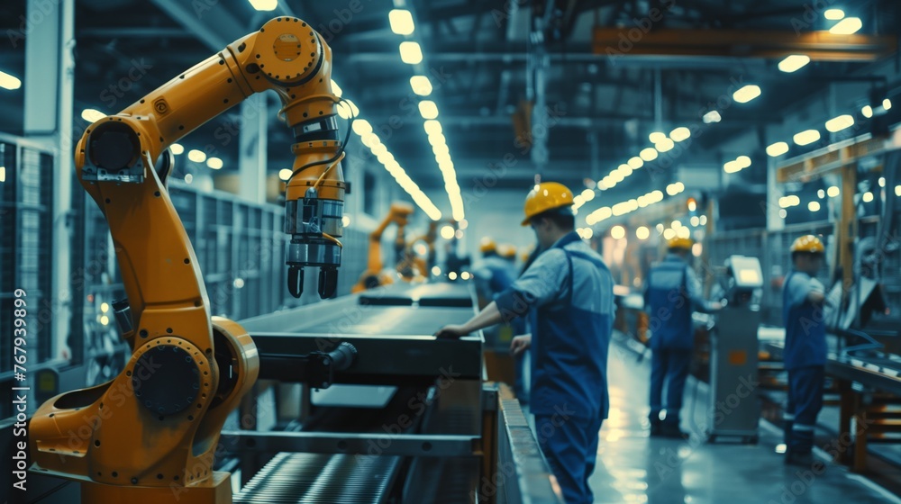 Poster factory workers and robots operating machinery