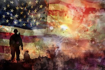 Patriotic American flag honoring brave veterans on Veterans Day, gratitude and remembrance, digital illustration - obrazy, fototapety, plakaty