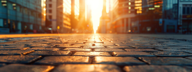 A city street with a sun shining on the ground - obrazy, fototapety, plakaty