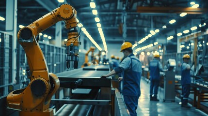 Factory Workers and Robots Operating Machinery