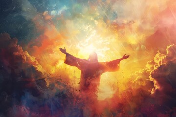 Risen Jesus Christ with arms outstretched, heavenly light and clouds, Christian salvation and faith concept, digital painting