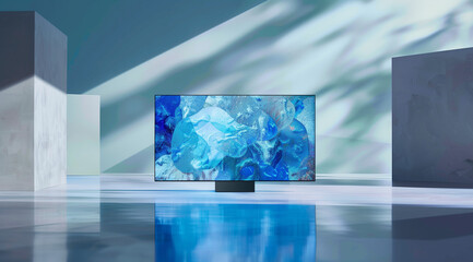 Large QLED TV abstract blue graphic, minimal background