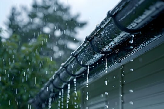 Rainwater dripping from a gutter on a house during a storm. Concept Rainwater, Gutter, House, Storm