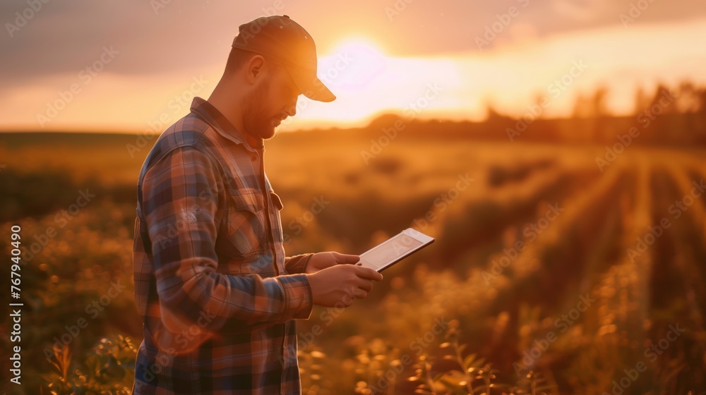 Poster man analyzing crop data in field