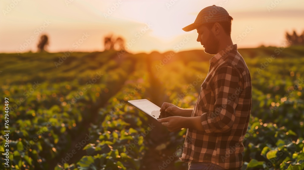 Poster engineer analyzing crop data in field