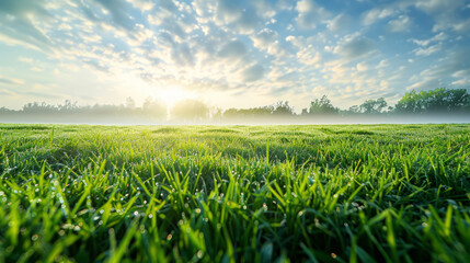 landscape with lawn with cut fresh grass in early morning,