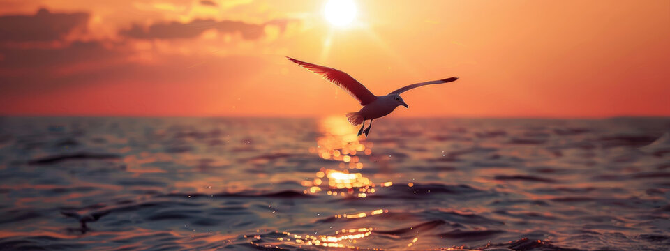 A seagull is flying over the ocean at sunset