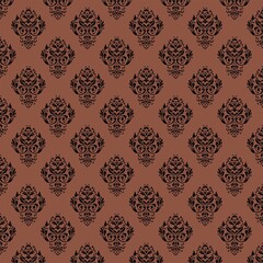 Seamless brown background with black Damask patterns