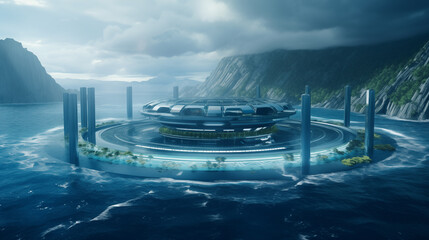 Futuristic power plant of the future in the ocean, water energy, photo shot - obrazy, fototapety, plakaty