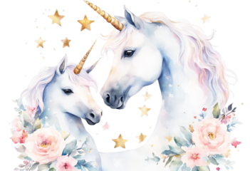 baby background watercolor mama unicorn isolated Handpainted stars white hearts Family Illustration Love Birthday Concept Girl Cartoon Child Children Animal Star