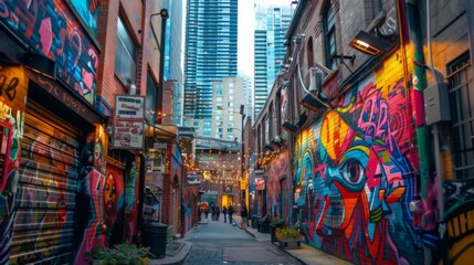 A bustling urban alley decorated with colorful graffiti and twinkling string lights at dusk, evoking a lively and artistic atmosphere.
