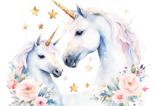 baby background watercolor mama unicorn isolated Handpainted stars white hearts Family Illustration Love Birthday Concept Girl Cartoon Child Children Animal Star