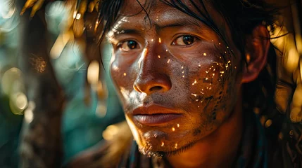Fotobehang Close up face of tribe people in Amazon jungle, rainforest © wildarun