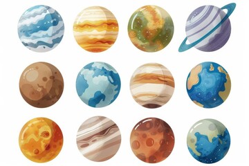 Set of Diverse Planets Isolated on White Background, Solar System Clip Art, Digital Painting