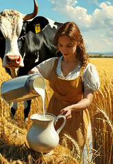 young adult female Farmer on wheat field pouring raw milk from jug into canister container. black cow on wheat background. woman sit in natural grass field. agribusiness concept. natural eco food - obrazy, fototapety, plakaty