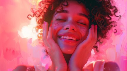 Sunset Glow Depict the woman with hands on her cheeks against a pink background tinged with hues of sunset, symbolizing the warmth and beauty of the evening sky  - obrazy, fototapety, plakaty