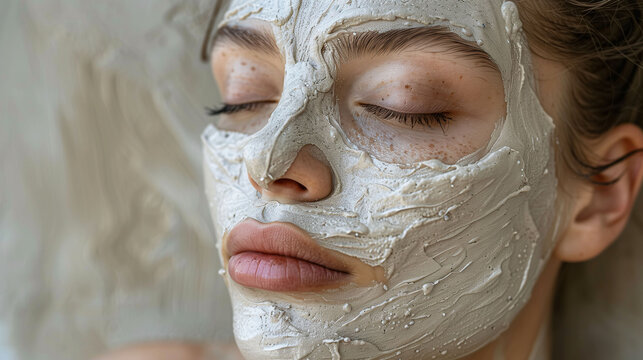 Woman with a facial clay mask, eyes closed, relaxing spa concept.