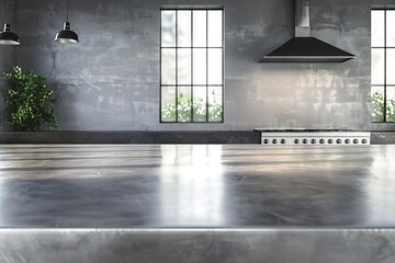 Sleek silver countertop reflects studio lighting in empty industrial kitchen mockup, 3D illustration