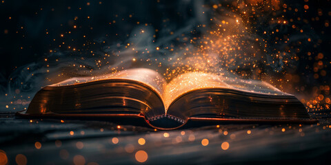  open book with pages turning into glowing light, magic book