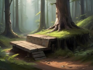 bench in deep forest	