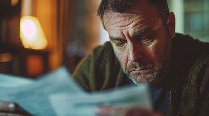 Closeup of a despairing adult facing financial documents, underlining the personal impact of economic failure ,high resolution