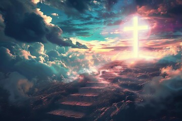 Stairway to heaven leading to glowing cross, spiritual journey to salvation and enlightenment, digital illustration - obrazy, fototapety, plakaty