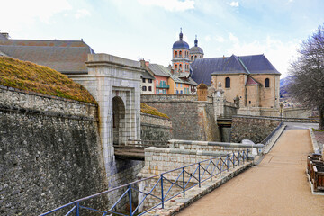 Collegiate Church of Our Lady and Saint Nicholas of Briançon above the walls of the fortified old...