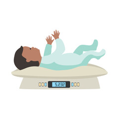 A newborn baby lies on the scales. Pediatrics. Monitoring the child's development. Vector illustration in flat style on a white background. - 767942457