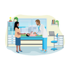 Mom with a newborn baby at a doctor's office appointment. A friendly doctor examines a child. Pediatrics. Vector illustration in flat style on a white background. - 767942480